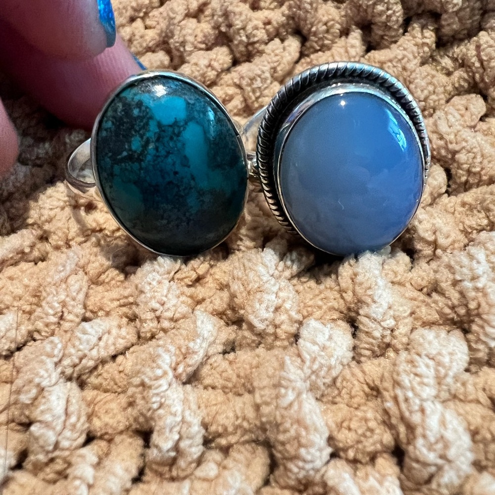 Silver Turquoise and Blue Chalcedony Stone Rings